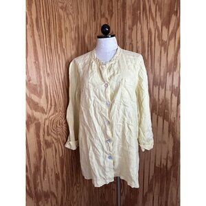 Hot Cotton 100% Linen Sunny Yellow Solid Long Sleeve Button Down Top XL